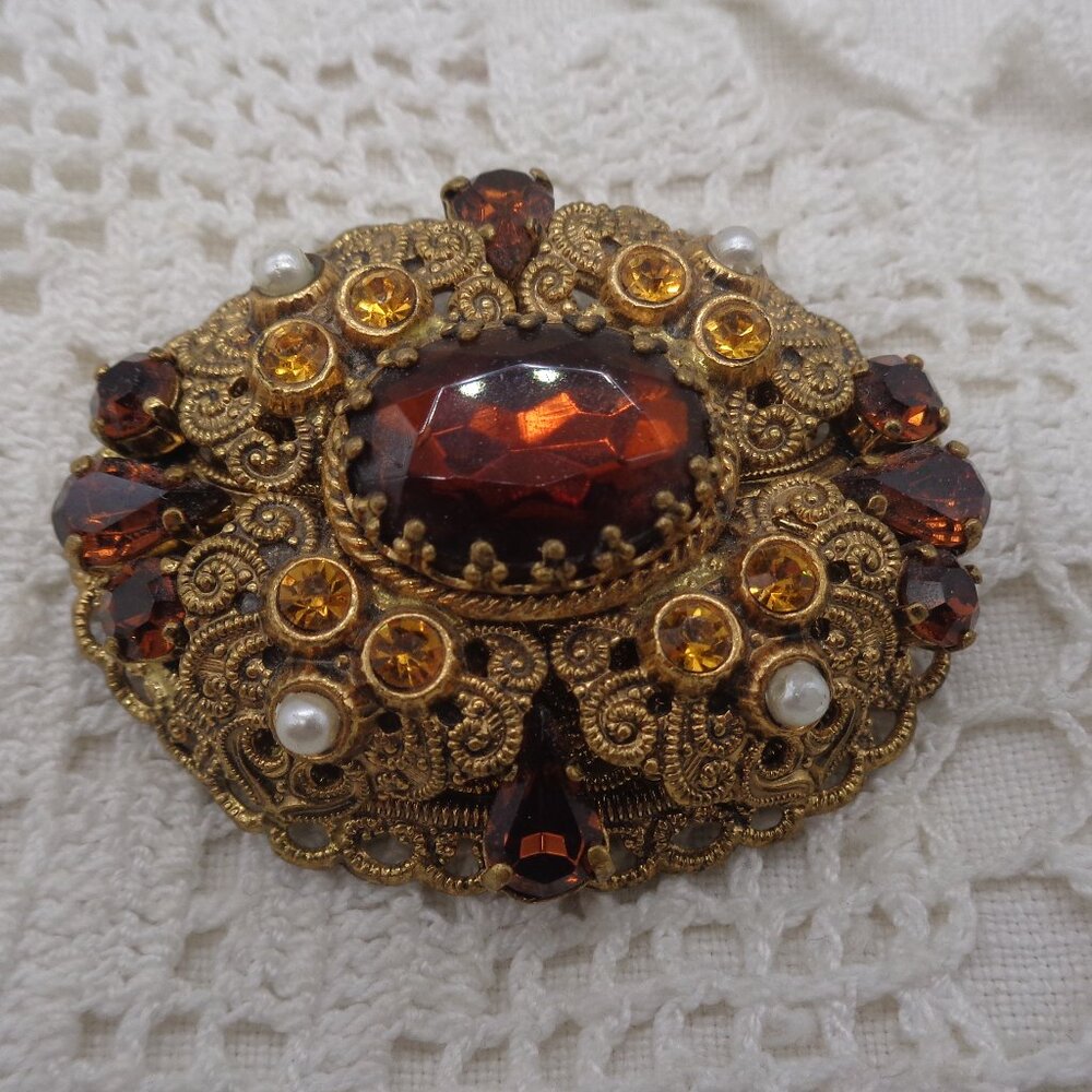 Vintage W. GERMANY Topaz RHINESTONE Oval Filigree BROOCH